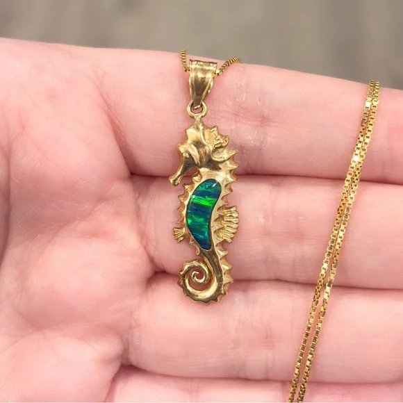 14K Opal Seahorse Pendant, Green Blue Lab Inlay Nautical Aquatic Luxury Piece - Picture 3 of 13